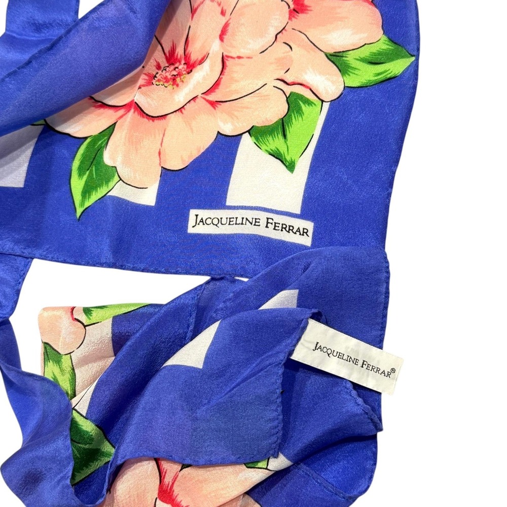 Jacqueline Ferrar Silk Scarf Vintage Floral Blue White Striped Japan 10 x 51" - Picture 3 of 5